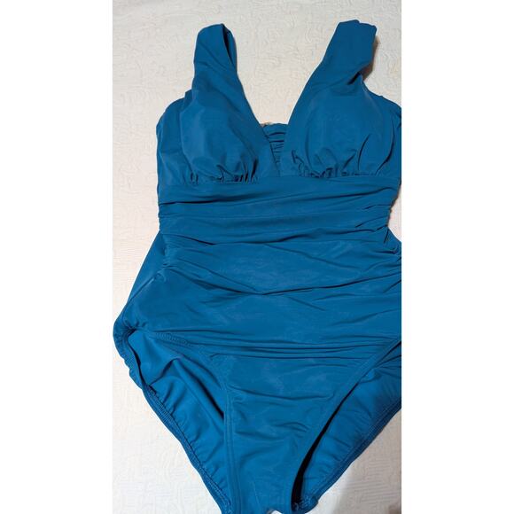Lands' End SlenderSuit Wrap Ruched V-Neck One-Piece Swimsuit Teal 10 D Tummy - Picture 4 of 7